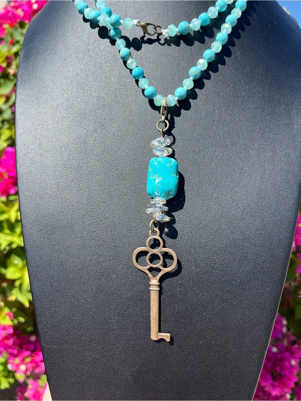 Turquoise Bead Necklace with Skeleton Key Pendant NWOT